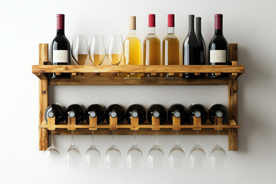 Wooden shelf full of wine glasses and bottles, against a white wall. Atmospheric lighting enhances the display of various shapes and colors.
