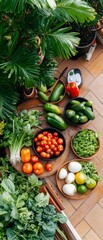 Harvesting fresh vegetables and fruits urban garden still life indoor aerial view organic farming concepts