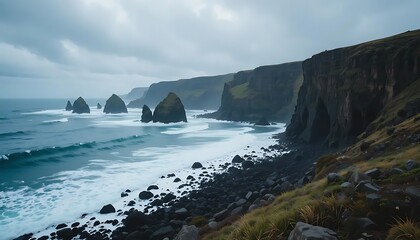 Obraz premium Oceanic Cliffscape: Moody Seascape with Dramatic Rock Formations