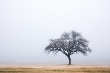 lone tree stands enveloped in gentle fog its silhouette softened by fog minimalistic scene offering expansive copy