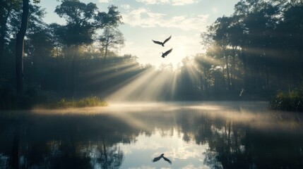 Obraz premium Serene Sunrise: Birds in Flight Over Misty Lake
