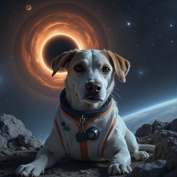 small dog in spacesuit 