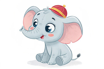 Fototapeta premium Cartoon cute baby elephant sitting on white background