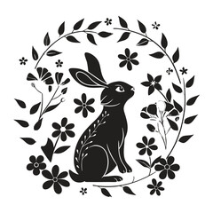 Spring Easter card design with rabbit, bunny, eggs, floral pattern, and nature elements like flowers, leaves, and butterflies in a seamless, illustrative style