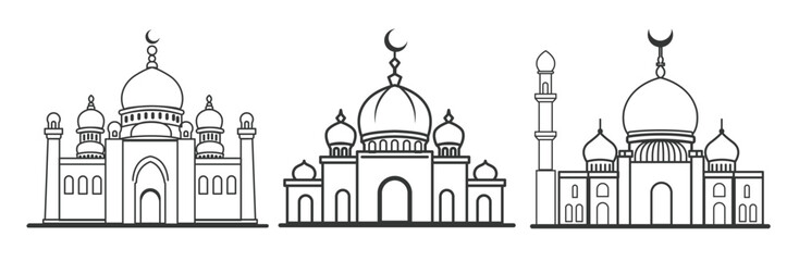 Line Art Illustration of Islamic Mosques with Domes and Minarets