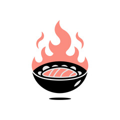 A vector graphic of a barbecue grill with an open lid and smoke and flames