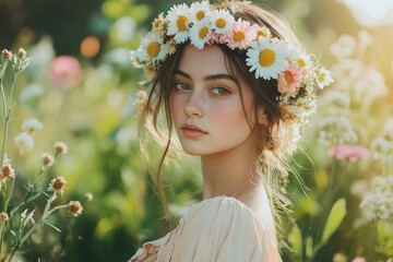 Young woman with daisy flower crown in lush sunlit garden
