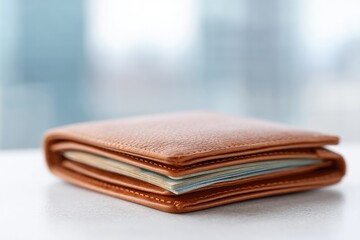 minimalistic image with copy space showing central focused shot of classic leather wallet filled with various currency