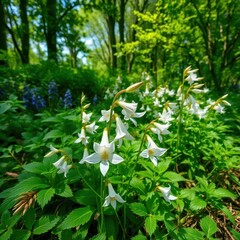 Obraz premium Delicate campanula blossoms nestled amongst lush green foliage and trees, landscape, vibrant