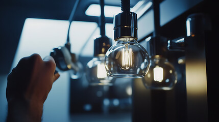 Electrician installing light fixtures in a commercial space. Featuring electrical installation and design