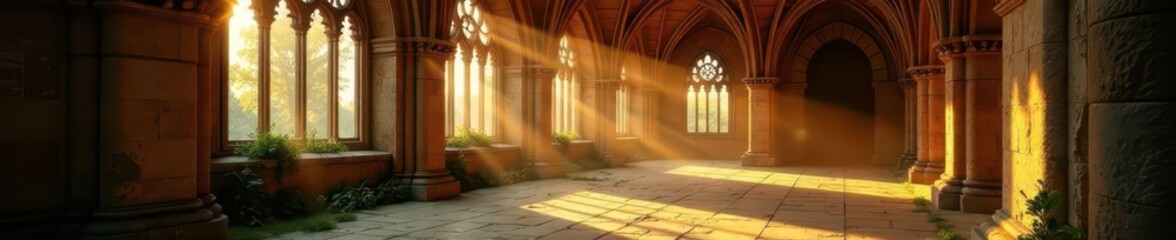 Sunbeams pierce gothic arches illuminating a tranquil cloister at dawn , masonry, pattern