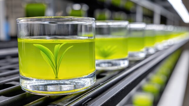 biology microorganisms adaptation concept. Transparent glasses filled with vibrant green liquid, showcasing artistic tea leaf designs.