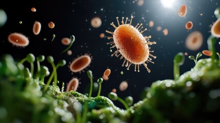 biology microorganisms adaptation concept. Microscopic view of viruses and bacteria in a vibrant, detailed environment.