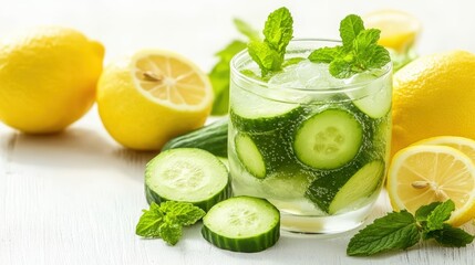 Refreshing homemade cucumber and lemon infused water in a glass with mint on a white wooden surface surrounded by fresh ingredients for hydration