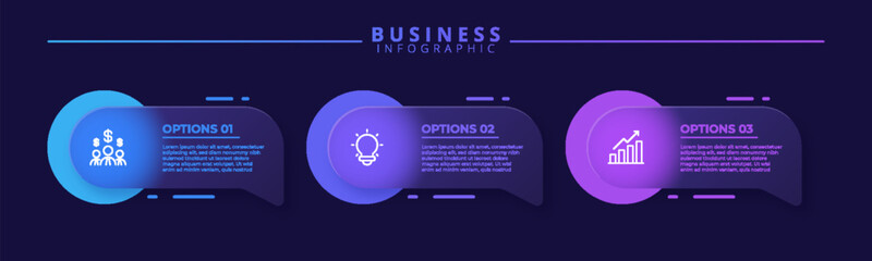 Naklejka premium Infographic label design template featuring icons and three distinct steps. Ideal for process charts, presentation slides, workflow schemes, banners, flow diagrams, and data visualizations.