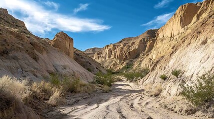 Sunny desert canyon passage lined with ochre rock formations.