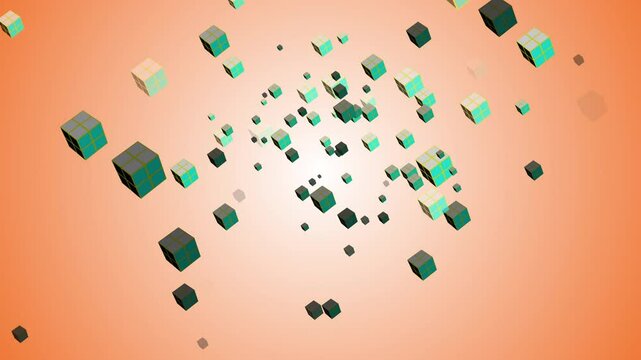 3d animation Glowing cube with colorful sides floating in digital imagination space colored background