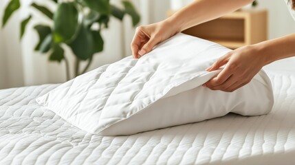 Close-up of hands placing a white quilted pillow protector onto a neatly made bed showcasing domestic comfort and bedding care routines for a cozy environment