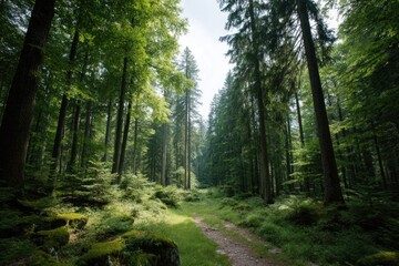 Obraz premium serene vista of dense untouched forest within national park dappled with sunlight filtering through canopy