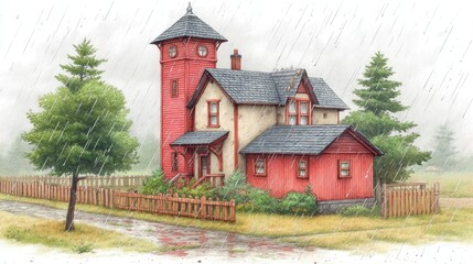 Fototapeta premium Red House Under Snowfall Winter Scene