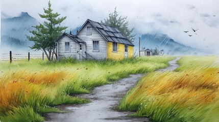 Fototapeta premium Rustic House in a Rainy Field Watercolor Painting