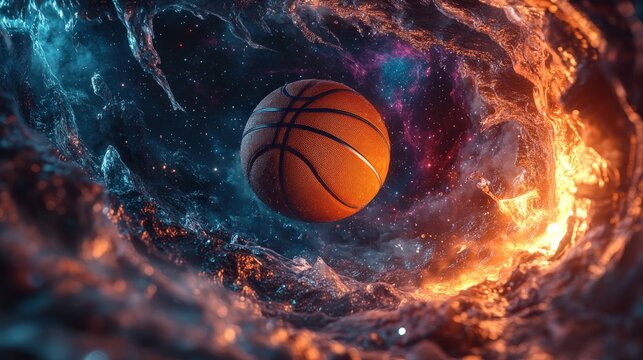Basketball floating in the center of an endless wormhole with a nebula background and cosmic space dust