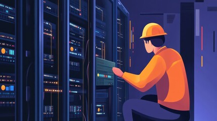 Tech Specialist Maintaining Server Room:  A Night Shift Data Center Illustration
