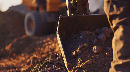 Excavation worker loading minerals onto a dump truck at a mining site. Featuring excavation and material handling