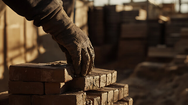A bricklayer applying mortar to bricks at a building site. Featuring craftsmanship and dedication