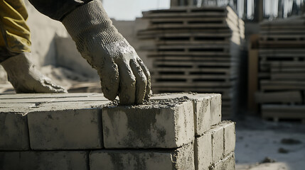 A bricklayer applying mortar to bricks at a building site. Featuring craftsmanship and dedication