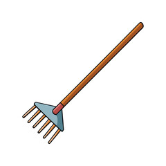 Garden rake vector illustration. Metal leaf rake tool with wooden handle for lawn care, landscaping, and autumn cleaning designs.