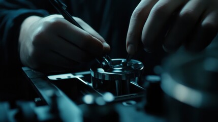 Factory worker adjusting the settings on a production machine. Featuring focus and precision