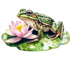 Obraz premium Frog sitting on water lily nature scene colorful illustration garden close-up wildlife art isolate on white background 