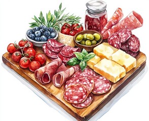 Culinary delights charcuterie board with cheese olives and fresh ingredients kitchen food photography rustic theme isolate on white background 