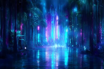 Selbstklebende Fototapeten Neon lights illuminate a mystical, tropical forest path. © cici