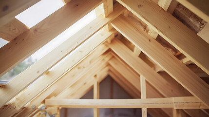 A carpenter framing wooden beams for a residential attic conversion. Featuring craftsmanship and accuracy