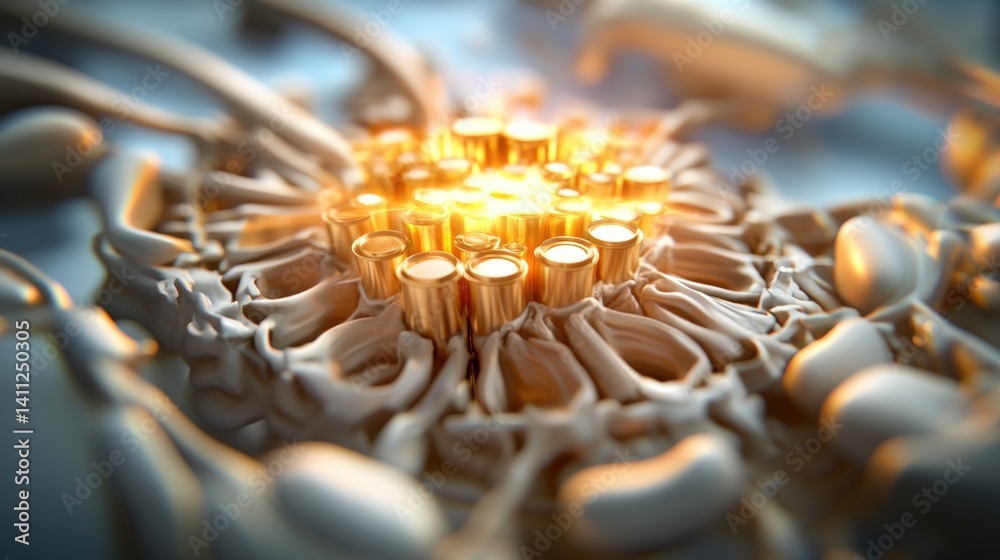Poster close-up view of an intricate biomechanical structure with glowing gold cylinders surrounded by orga