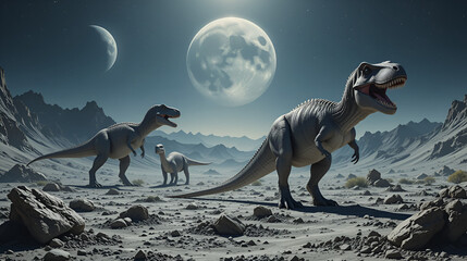 Fototapeta premium t-rex dinosaurs on a moon landscape