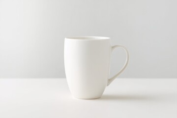 solitary coffee mug stands on plain white surface illuminated by soft light emphasizing its contours