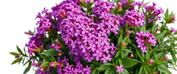 Obraz premium Vibrant purple phlox blossoms, clustered close, against pure white, wildflower, purple phlox