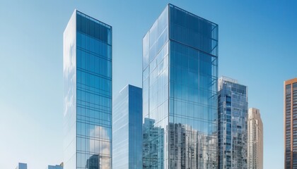 Obraz premium Modern glass skyscrapers rise dramatically in vibrant cityscape under bright blue sky with additional buildings framing the urban landscape surrounding them
