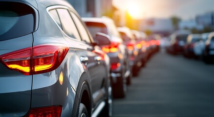 Evening traffic jam with modern SUV cars lined up on a city road