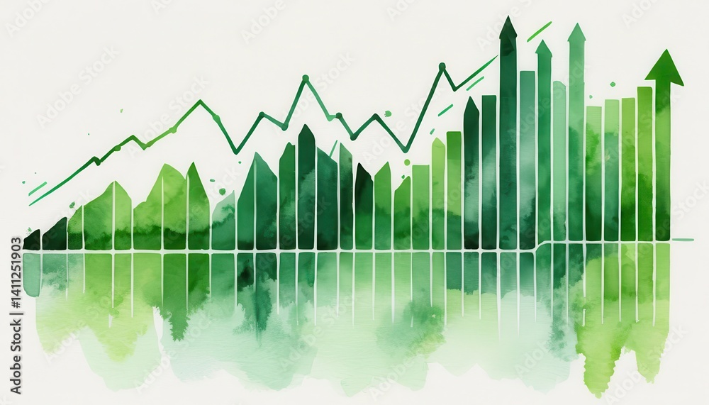 Fototapete Abstract Watercolor Graphic of Rising Green Bar Graph and Line Graph with Mirrored Reflection Below Representing Growth and Positive Trends in Business Analytics