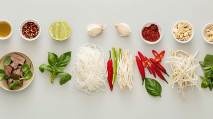 Pho Ingredients Flatlay, Top view of fresh Pho ingredients.