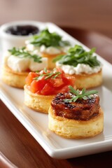 variety of elegant canapés are artfully arranged on white ceramic platter