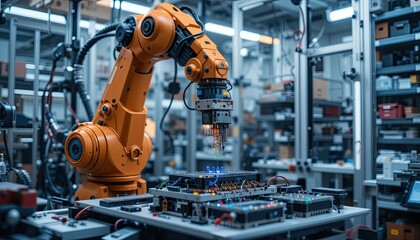 Fototapeta premium Orange Robotic Arm Assembling Circuit Board in Modern Factory Setting