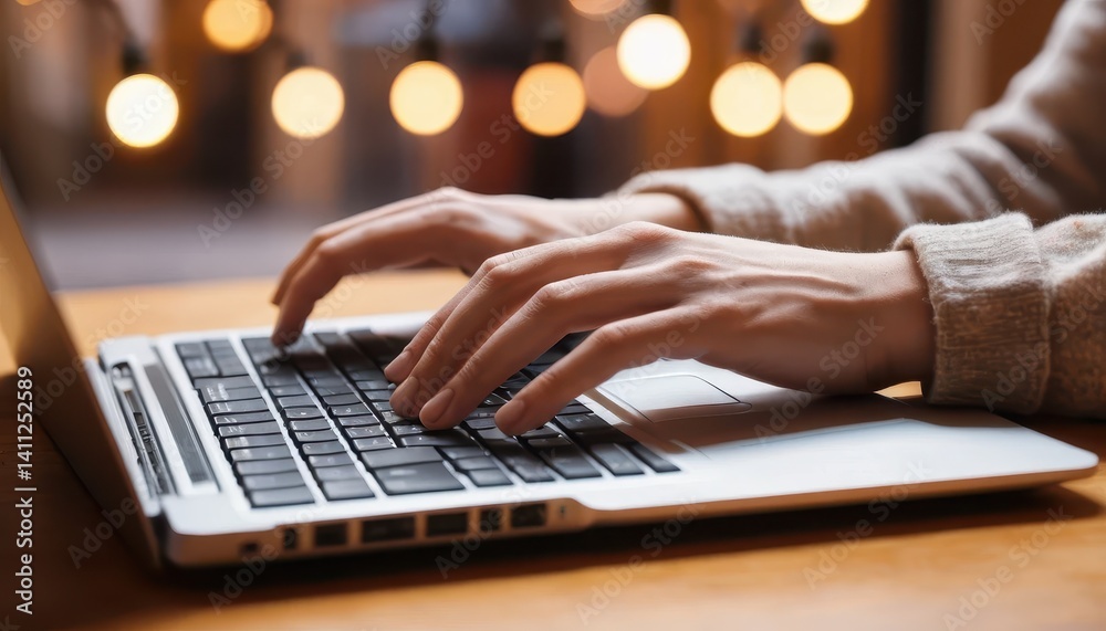 Poster Close-up of hands engaging with a silver laptop keyboard amid a warm bokeh background filled with lights creating a cozy and inviting atmosphere.