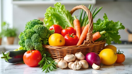 Fresh Raw Vegetables in Wicker Basket Isolated on White Background
