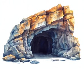 Exploring a mysterious cave entrance in a rocky landscape watercolor art nature artistic viewpoint isolate on white background 
