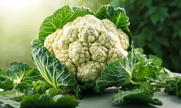 Fresh cauliflower surrounded by green leaves in bright sunlight